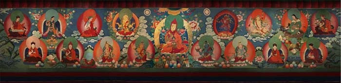 The Lineage of the Samding Dorje Phagmo depicting all the reincarnations of the Dorje Phagmo surrounding the founder of the Bodongpa tradition (Bodong Chogle Namgyal), the teacher and main tantric partner of Chokyi Dronma. This is a modern mural painting 