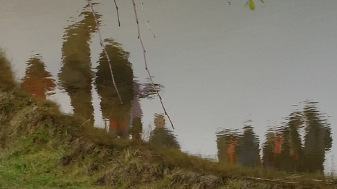 Pond with children's reflections