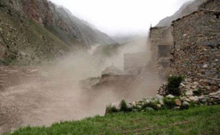 Glacial lake outburst flood (GLOF) descending on Limi village, Nepal Credit: Astrid Hovden 