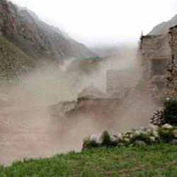 Glacial lake outburst flood (GLOF) descending on Limi village, Nepal Credit: Astrid Hovden 